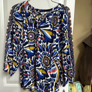 Crown & Ivy Blue Yellow Red Patterned Blouse